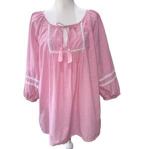 St. John’s Bay Pink Dobby Cotton Peasant Tunic Blouse 2X Boho Tassel Lace Top